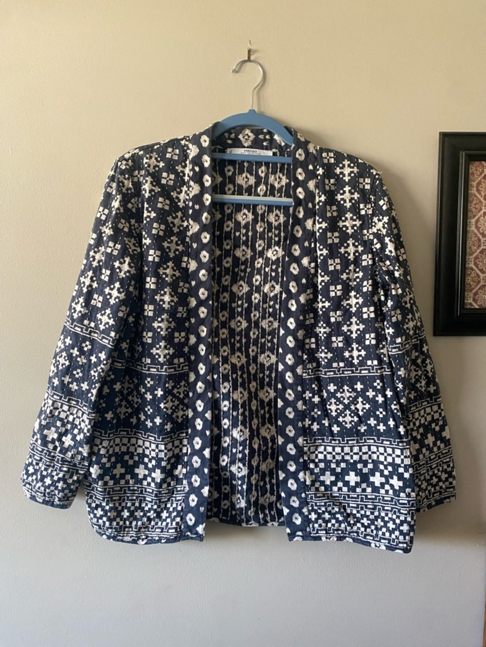 Mango Navy and White Embroidered Patterned Open Cardigan